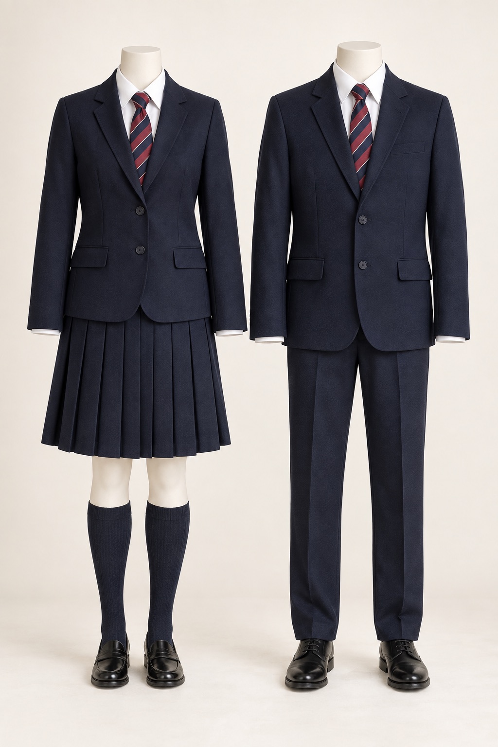 Illustrative UK-style school uniform concept with blazer, shirt, tie and skirt or trousers