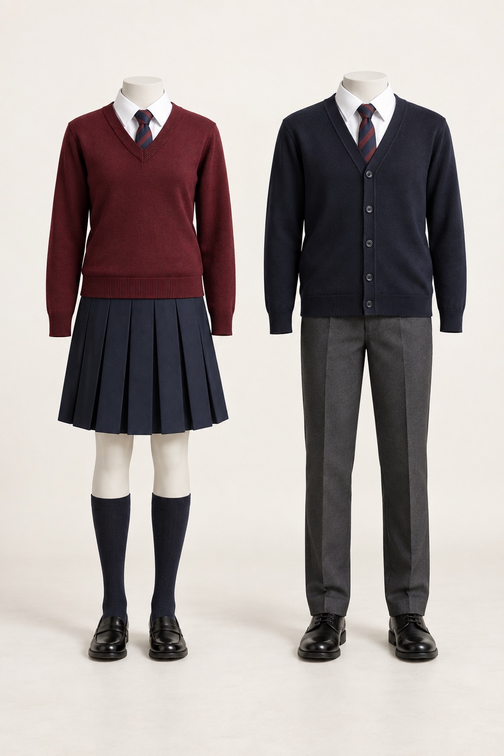 Illustrative UK-style school uniform concept with knitwear, shirt and tie